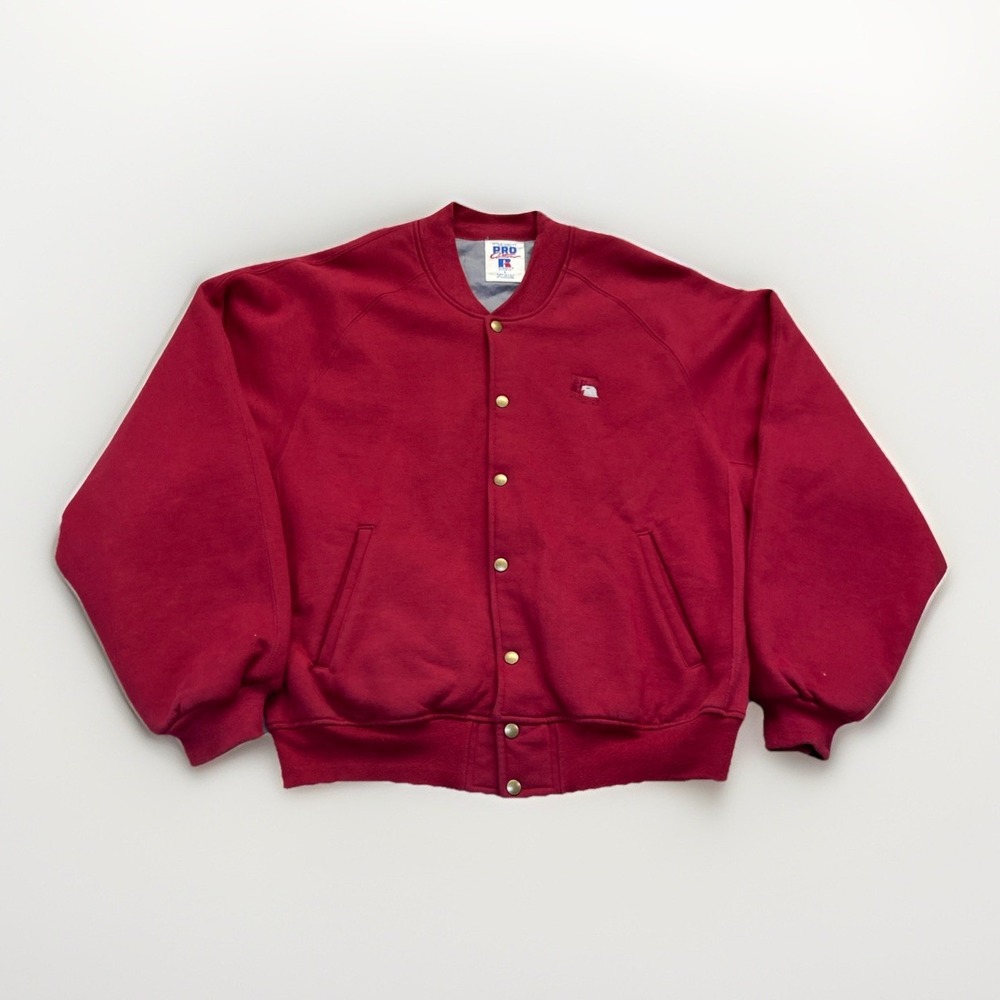 Russell Athletic Bomber Jacket Mens L Red 90s Vintage Spellout Logo